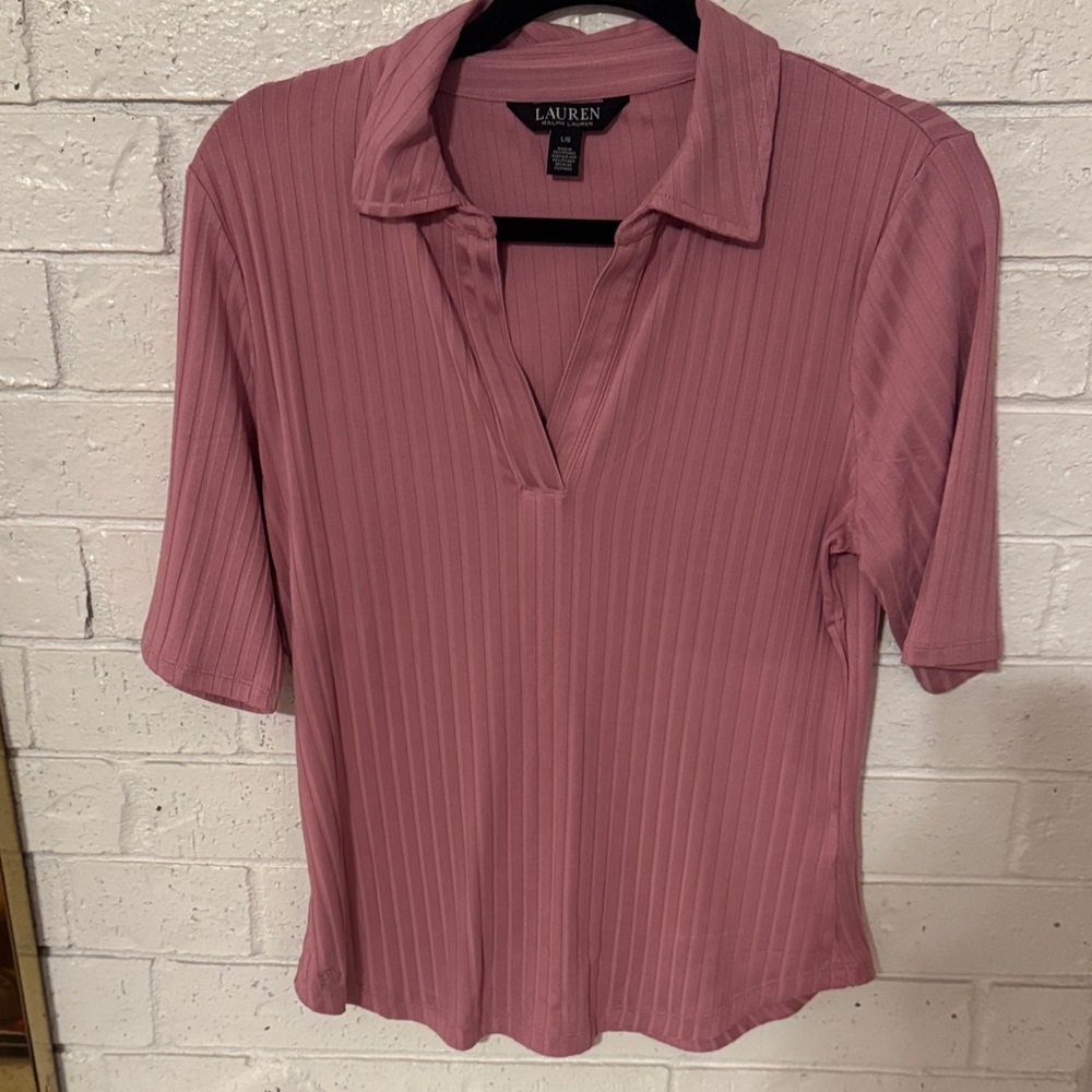 Lauren Ralph Lauren Dusty Rose Ribbed Collared V-Neck Tunic